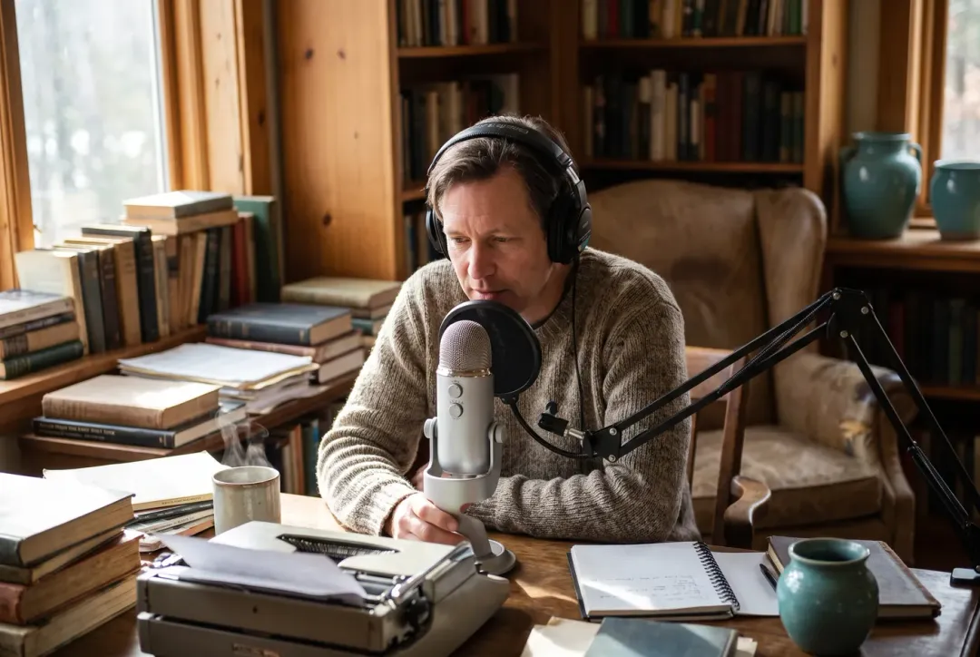 Author recording a podcast episode about their book at a microphone