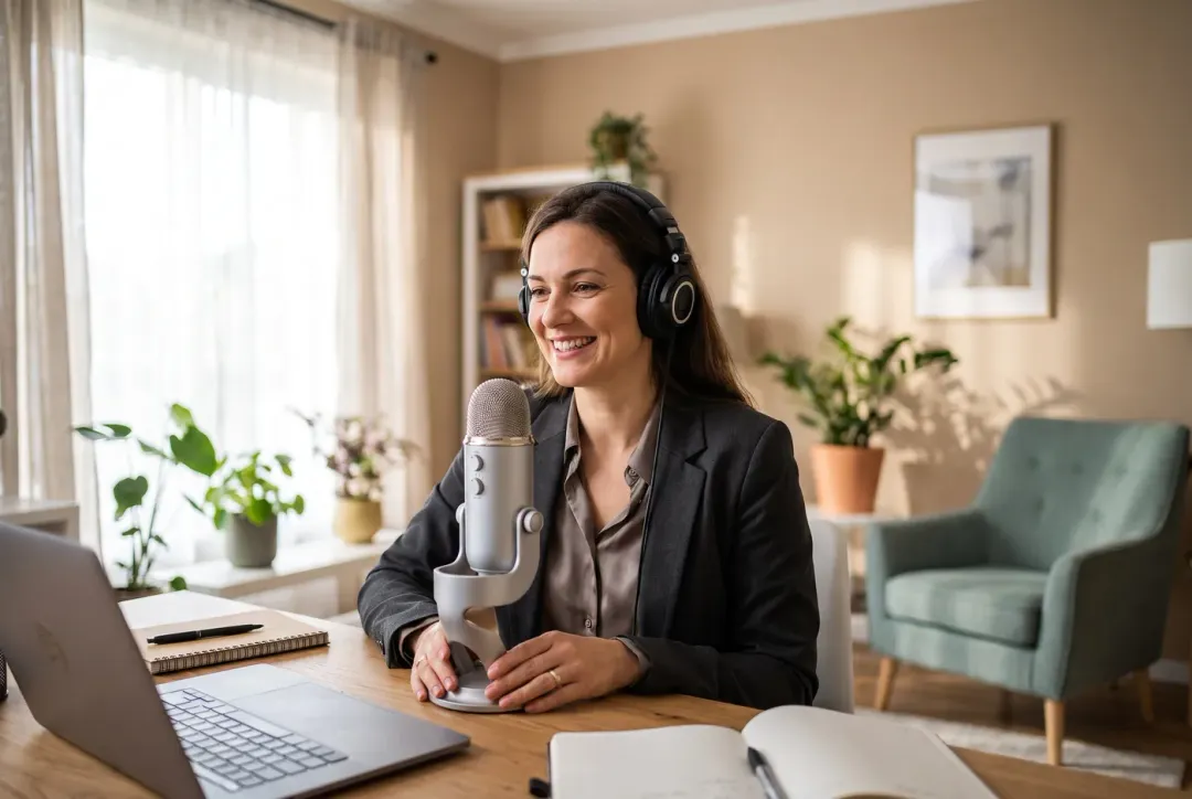 Executive recording a thought leadership podcast episode at a microphone