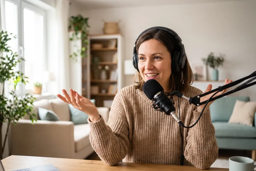 Business coach recording a podcast episode at a microphone in a home studio