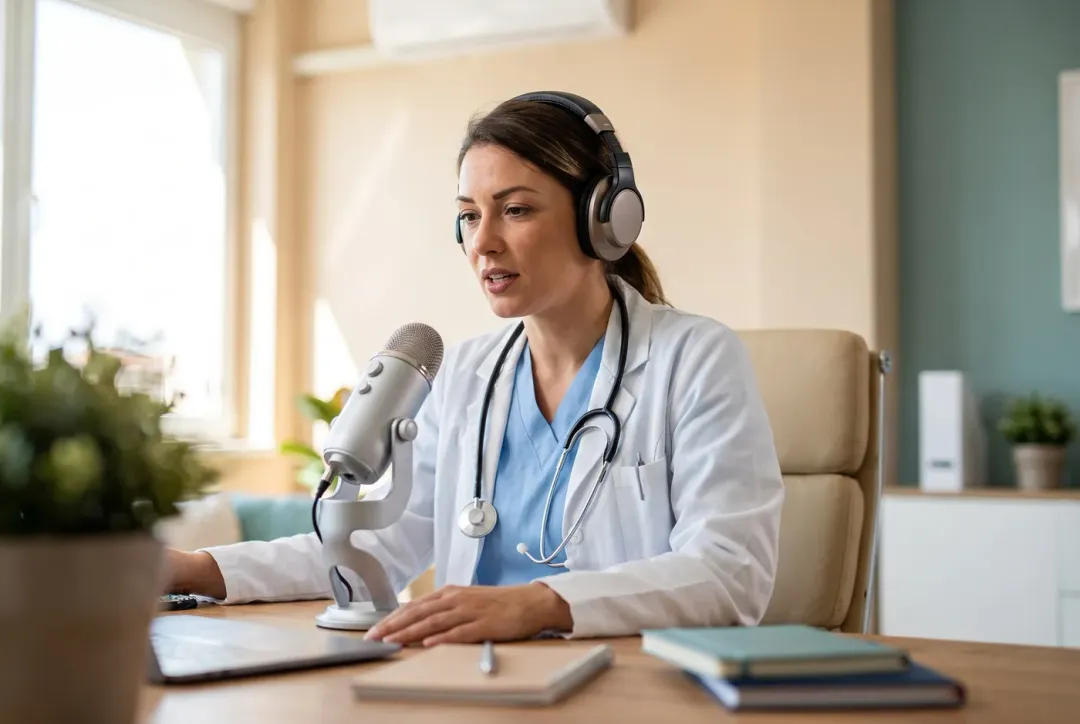 Physician recording a medical podcast episode at a microphone