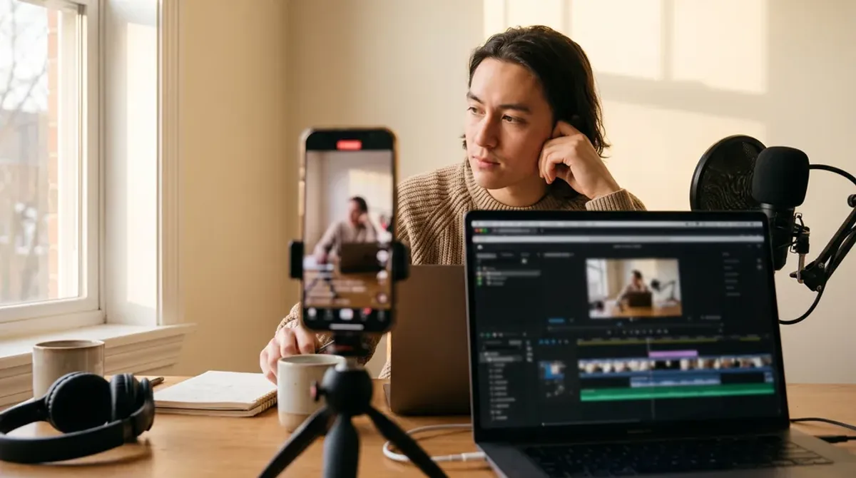 A podcast host recording on camera at a desk: a phone on a tripod filming him in vertical format while the laptop beside him shows a video editing timeline of the same footage, with a microphone on a boom arm overhead