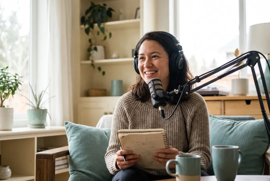 Podcast host on a one-on-one coaching call at a home studio desk