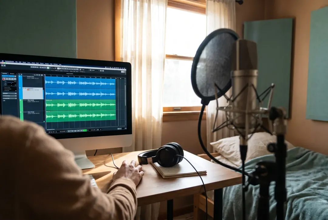Audio editor producing a podcast episode on a home studio workstation