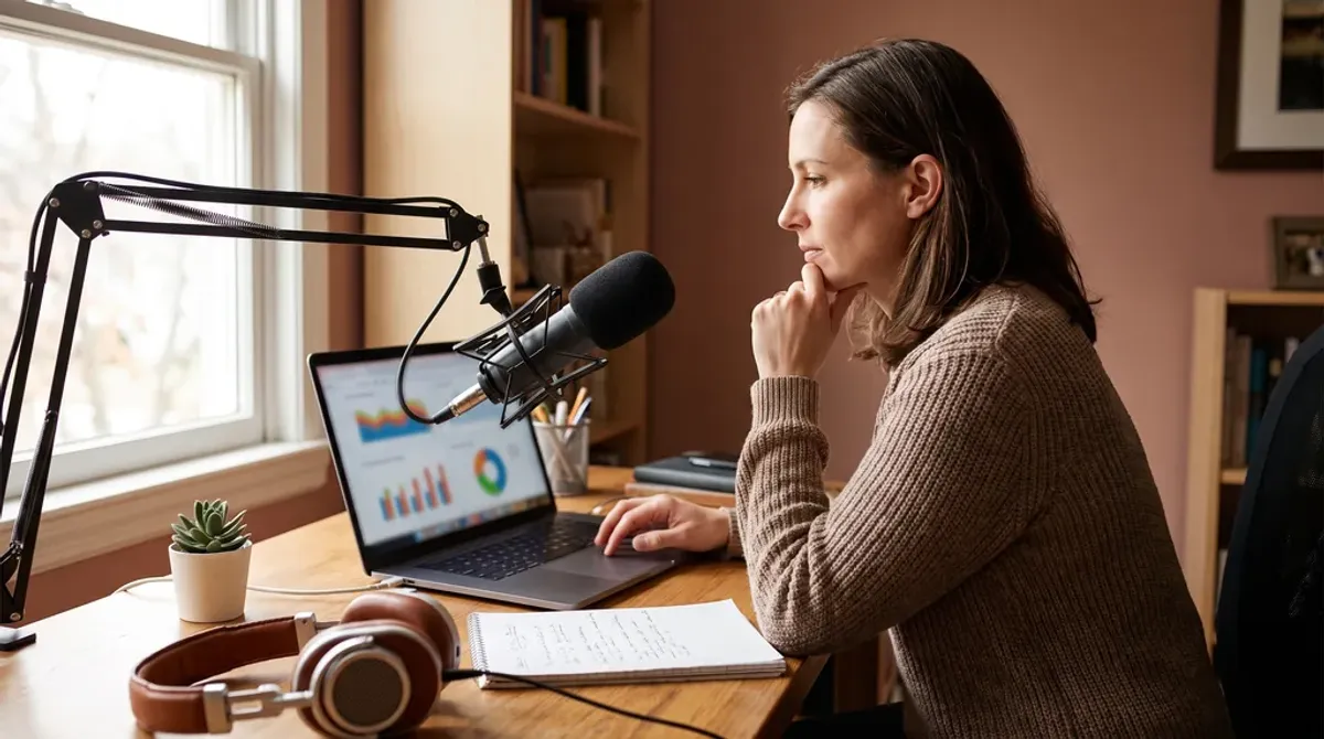 A podcast host at a home-office desk reviewing episode analytics charts on a laptop, with a boom-arm microphone in front of her and handwritten notes on a pad beside the keyboard