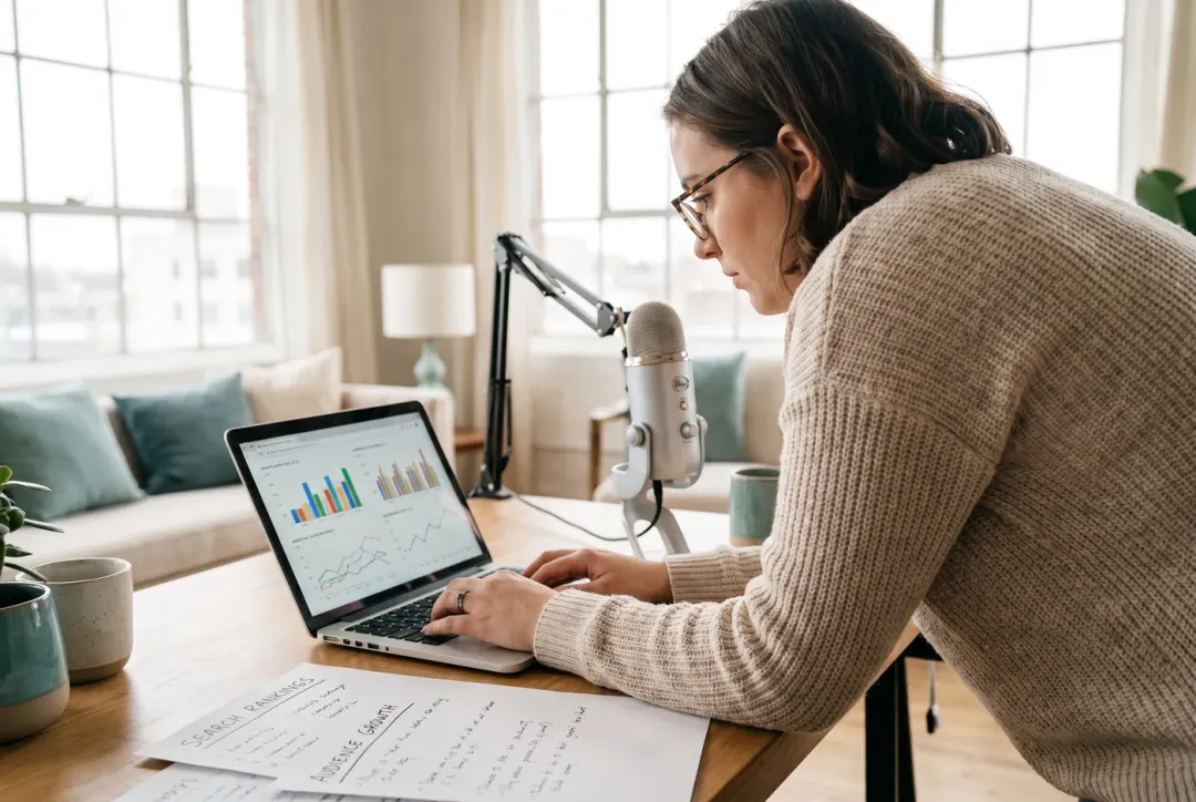 Podcast host reviewing search and discovery analytics at a home studio desk
