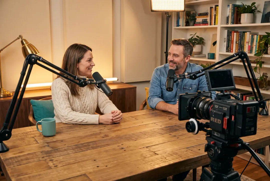 Two podcast hosts recording a video episode at a wood table, framed by a cinema camera on a tripod in the foreground