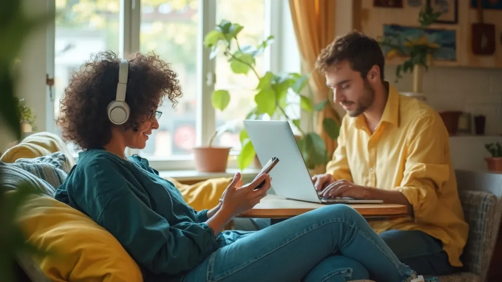 Two podcast listeners engage with content in a sun-lit living room - one wearing headphones browses on their phone while lounging on a yellow couch, another works on a laptop. Plants and warm lighting create an ideal space for efficient content marketing reach through digital media.