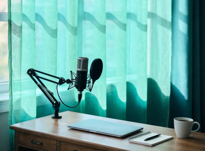 A tidy home studio desk with a podcast microphone, laptop, and notebook