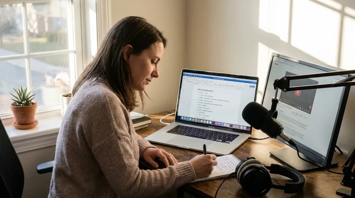 A podcast host at a sunlit home-office desk writing show notes: a laptop open to a document headed Podcast Show Notes with a bulleted timestamp list, a second monitor beside it showing a video player with its description panel underneath, a boom-arm microphone pushed aside, and handwritten timestamps in a spiral notebook