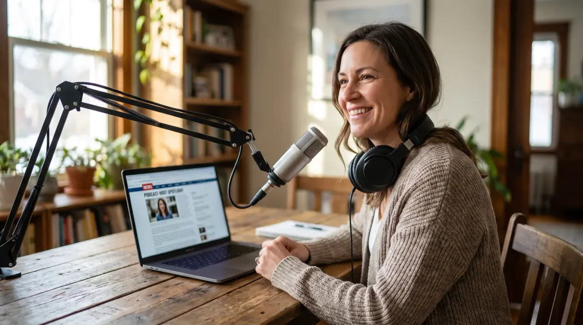 Smiling podcast host at a microphone, her laptop open to a news spotlight on a podcast host